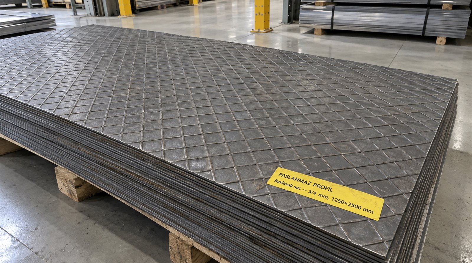 Baklavalı sac 3/4 mm, 1250×2500 mm, kapalı depoda palet üstünde