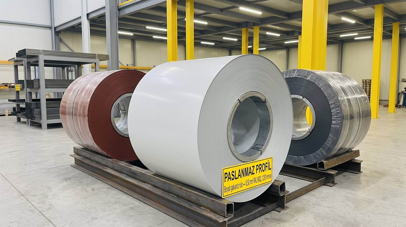Boyalı galvaniz rulo 0,50 mm RAL 9002, 1250 mm en, kapalı depoda palet üstünde