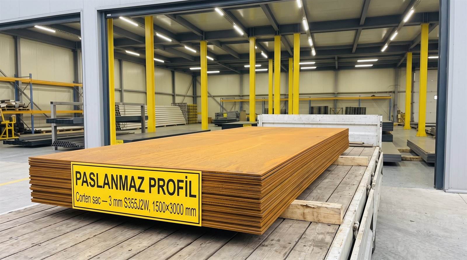 Corten çelik 3 mm S355J2W, 1500×3000 mm, kapalı depoda palet üstünde