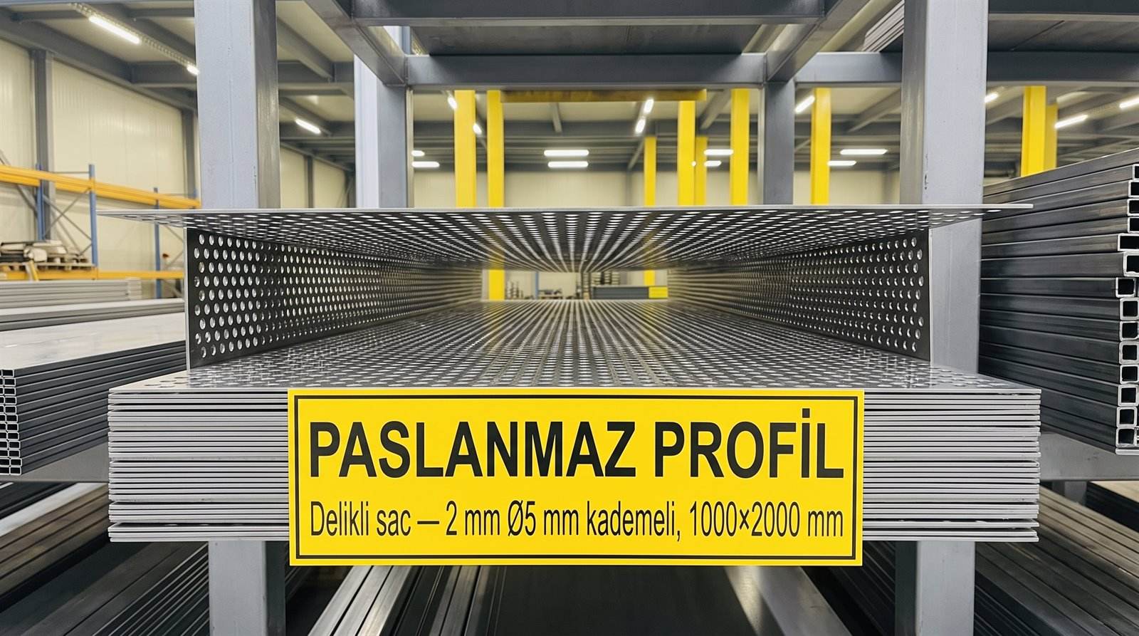 Delikli sac 2 mm Ø5 mm kademeli, 1000×2000 mm, kapalı depoda palet üstünde