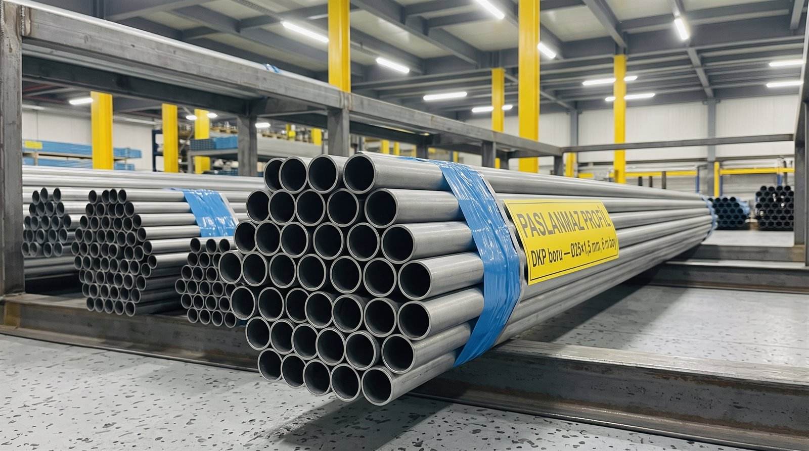 DKP boru Ø25×1,5 mm, 6 m boy, kapalı depoda palet üstünde