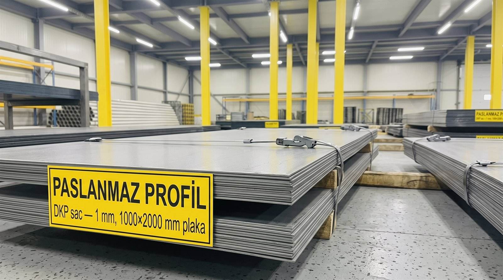 DKP sac 1 mm, 1000×2000 mm plaka, kapalı depoda palet üstünde
