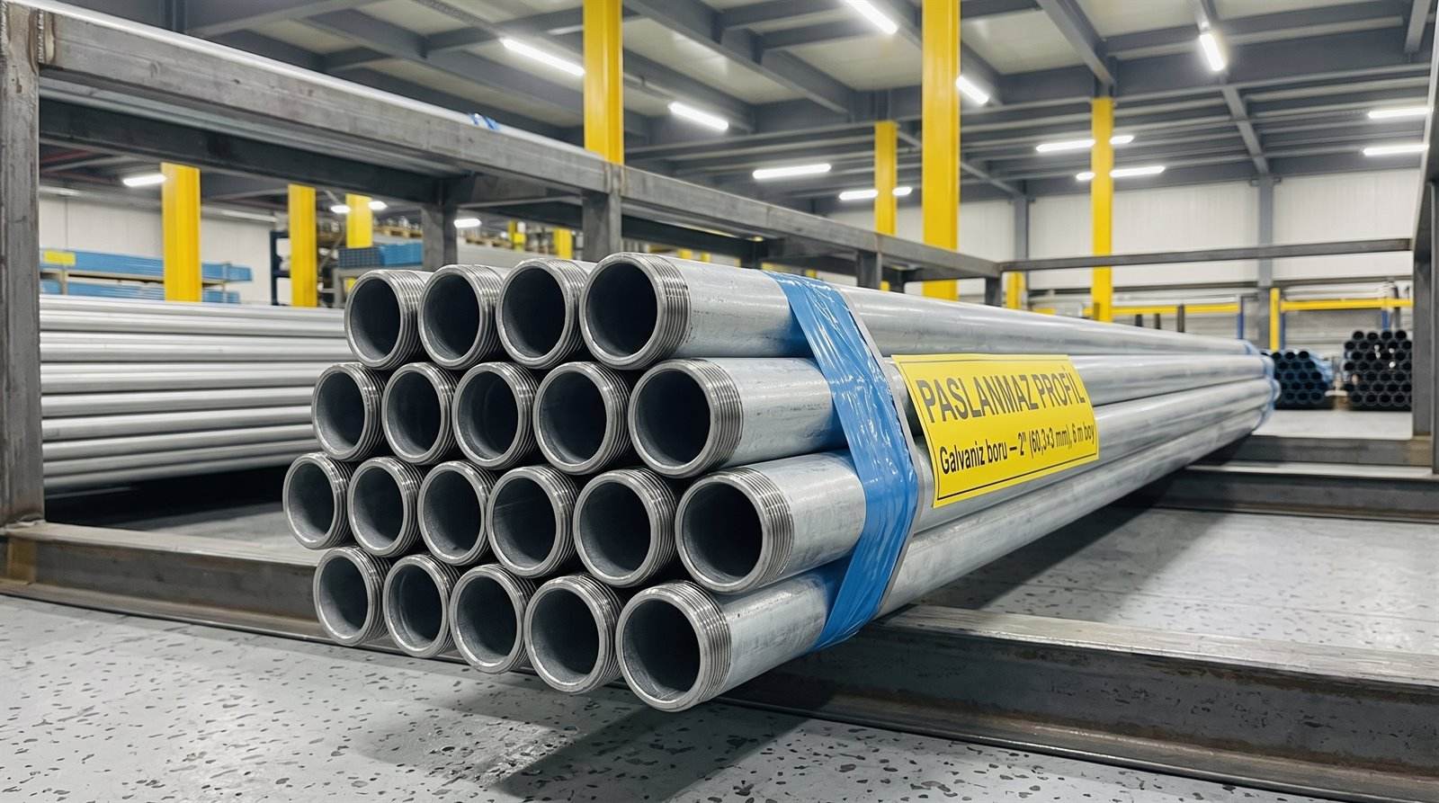 Galvaniz boru 2" (60,3×3 mm), 6 m boy, kapalı depoda palet üstünde