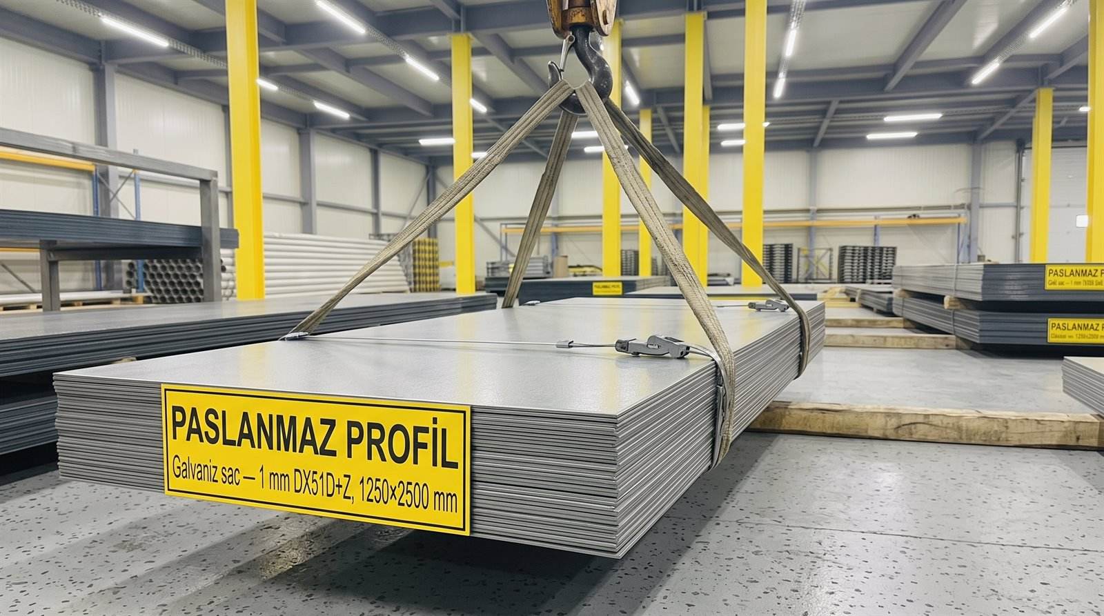 Galvaniz sac 1 mm DX51D+Z, 1250×2500 mm, kapalı depoda palet üstünde