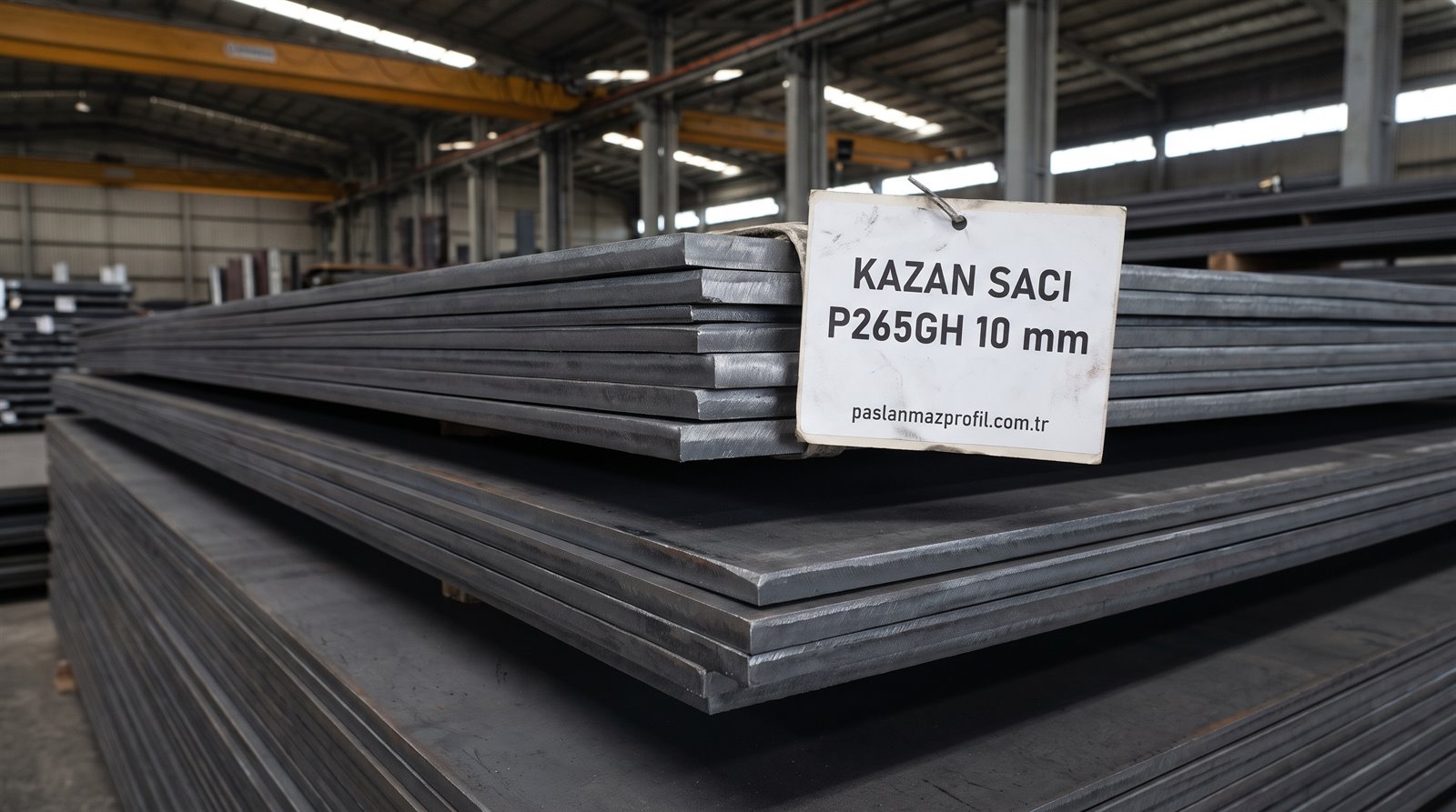 Kazan sacı P265GH 10 mm kalın levha istifi — büyük çelik deposunda, etiket paslanmazprofil.com.tr