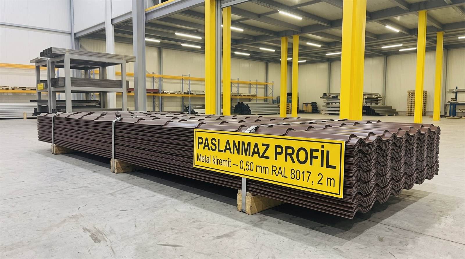 Metal kiremit 0,50 mm RAL 8017, 2 m, kapalı depoda palet üstünde