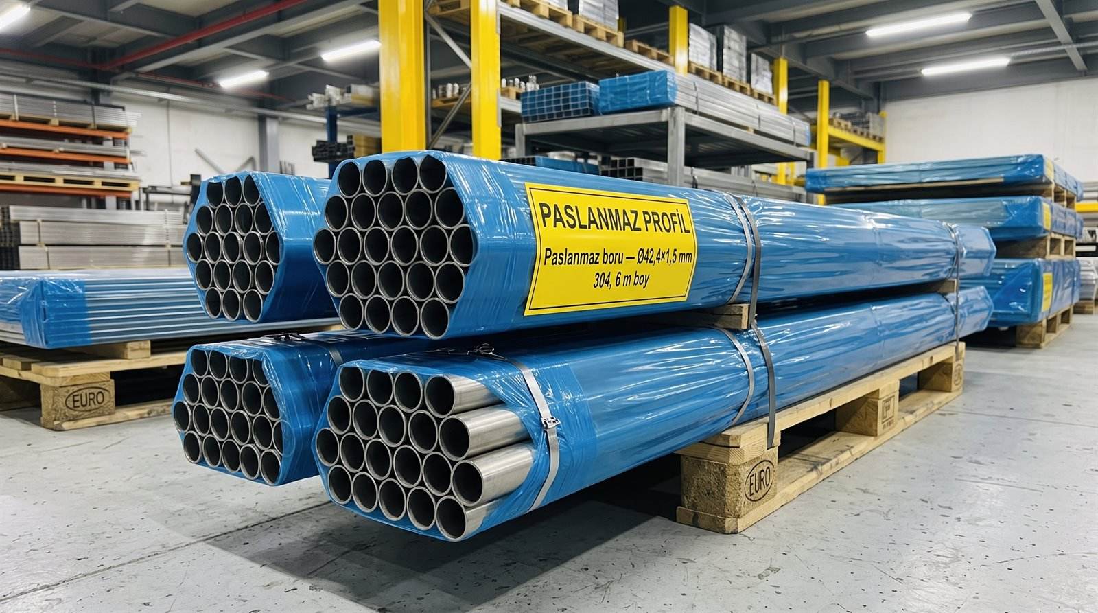 Paslanmaz boru Ø42,4×1,5 mm 304, 6 m boy, kapalı depoda palet üstünde