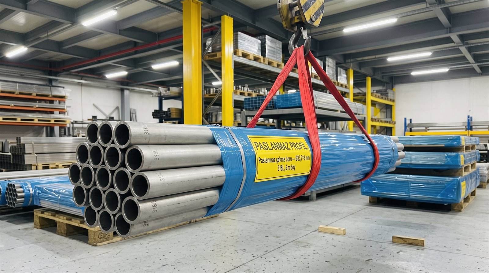 Paslanmaz çekme boru Ø33,7×3 mm 316L, 6 m boy, kapalı depoda palet üstünde