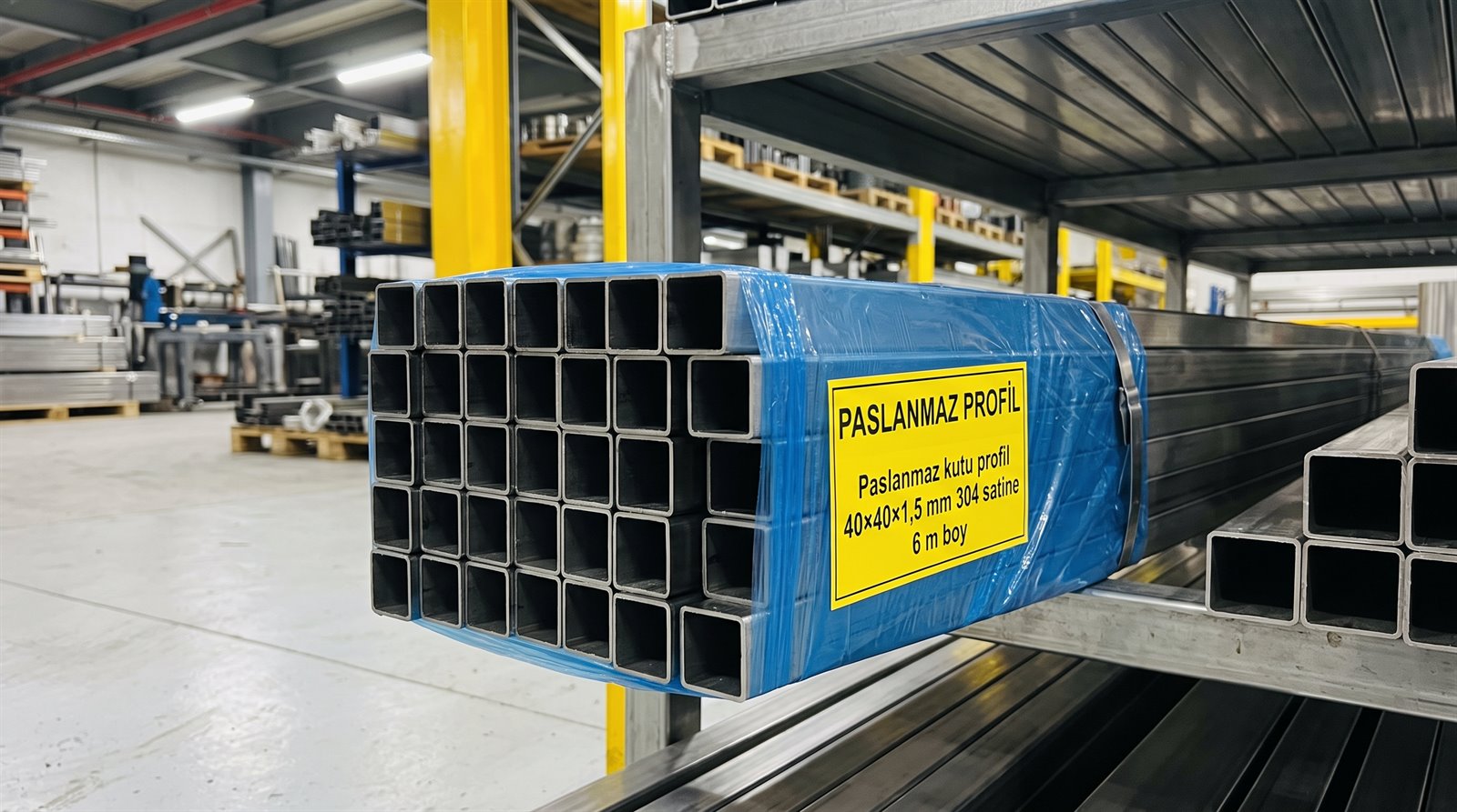 Paslanmaz kutu profil 40×40×1,5 mm 304 satine, 6 m boy, kapalı depoda palet üstünde