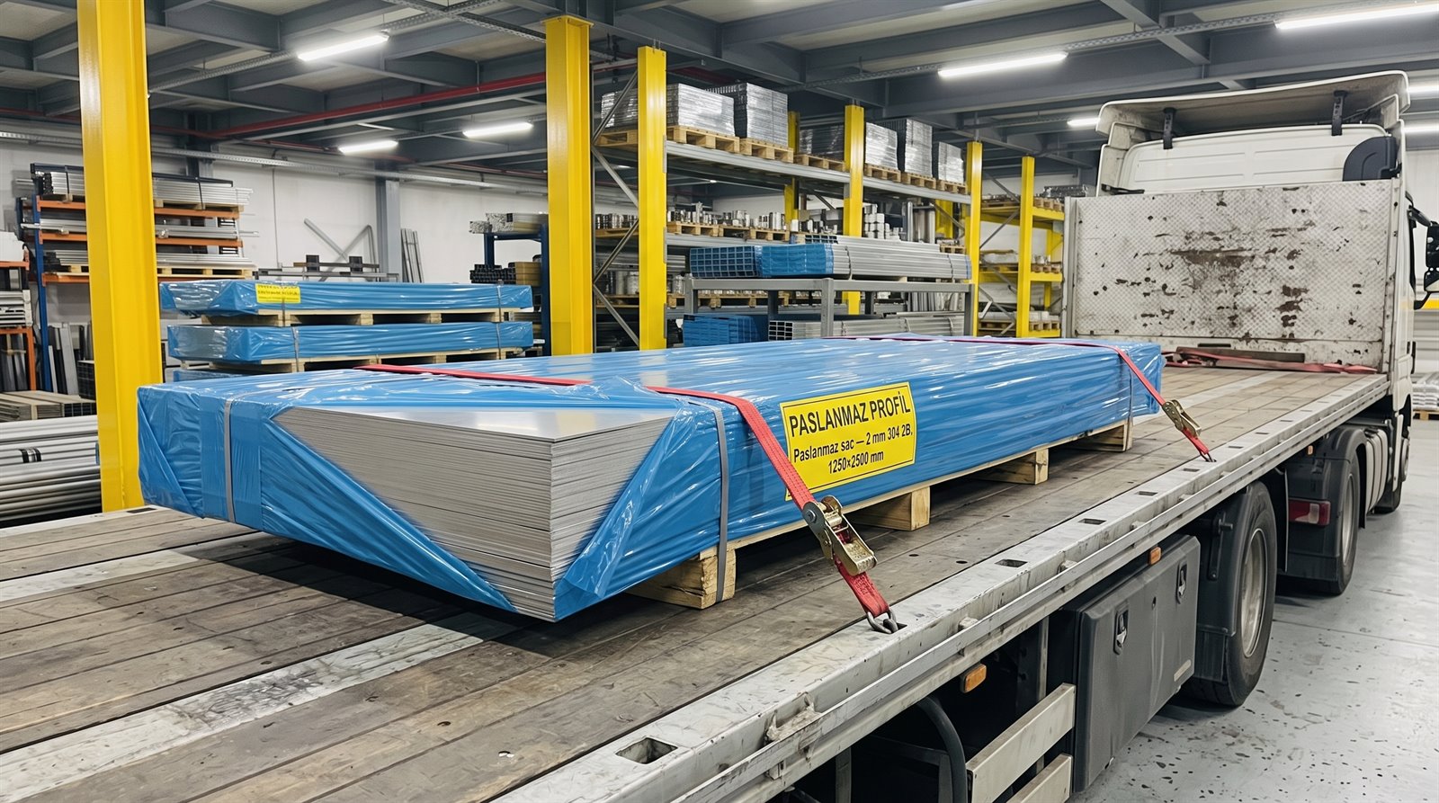 Paslanmaz sac 2 mm 304 2B, 1250×2500 mm, kapalı depoda palet üstünde