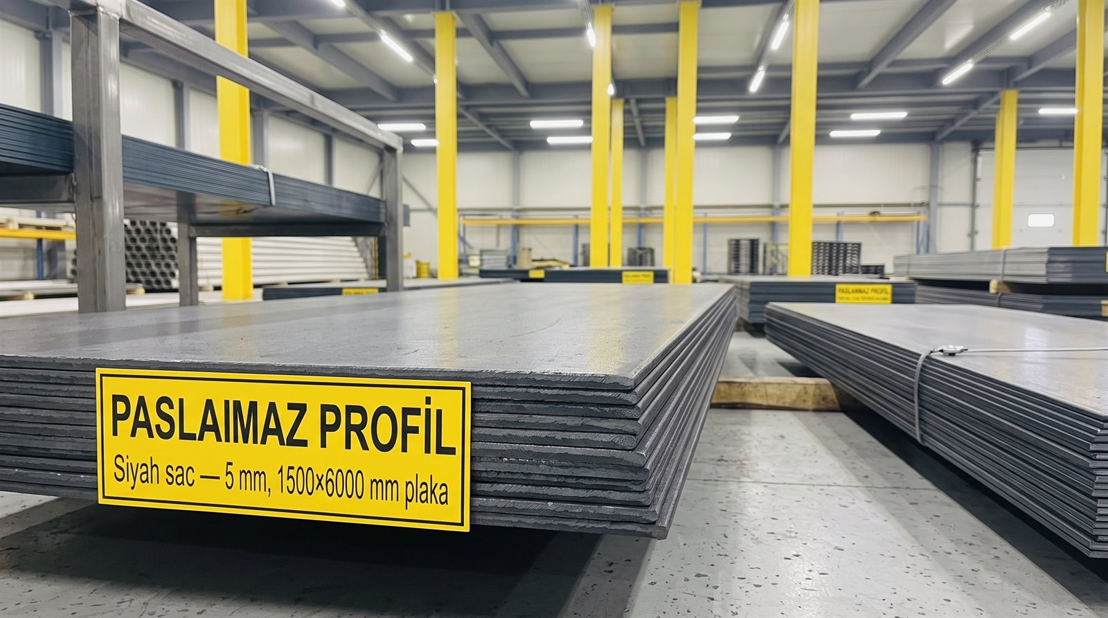 Siyah sac 5 mm, 1500×6000 mm plaka, kapalı depoda palet üstünde